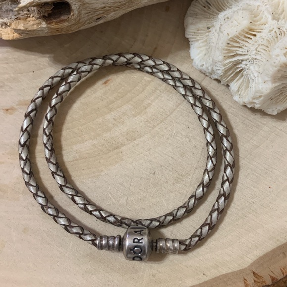 Pandora Double Silver Braided Leather Bracelet - Picture 2 of 5